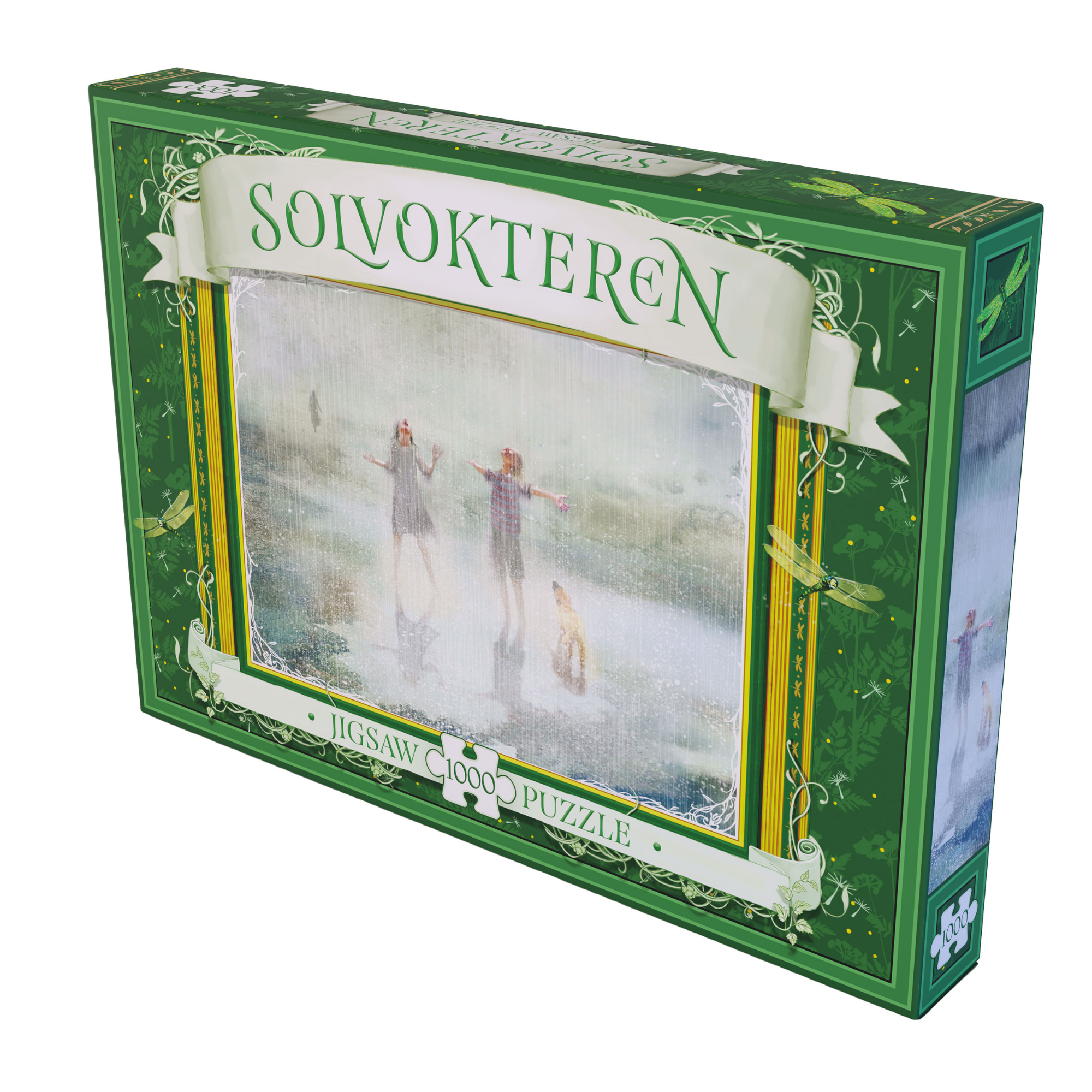Solvokteren 3 puslespill eske med lyst grålig motiv av barn i regnet